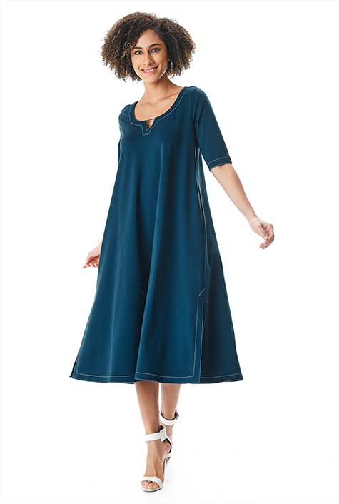 Shop Contrast top-stitch cotton jersey vented shift dress | eShakti