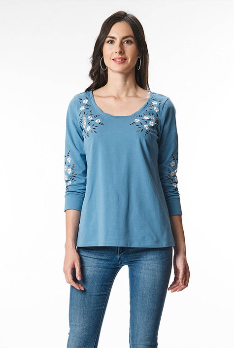 Shop Floral vine embroidery cotton jersey top | eShakti