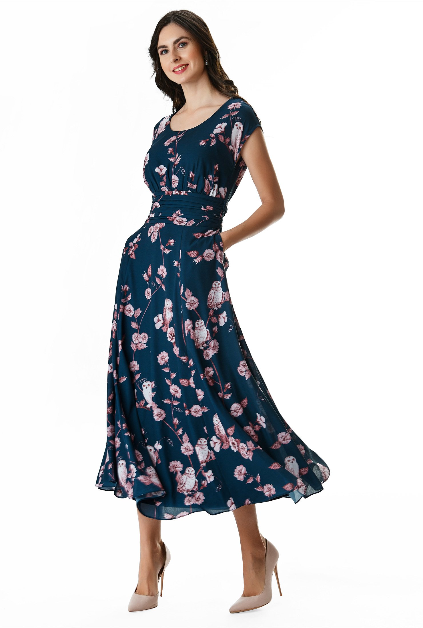 Shop Floral print crepe pleated dress | eShakti