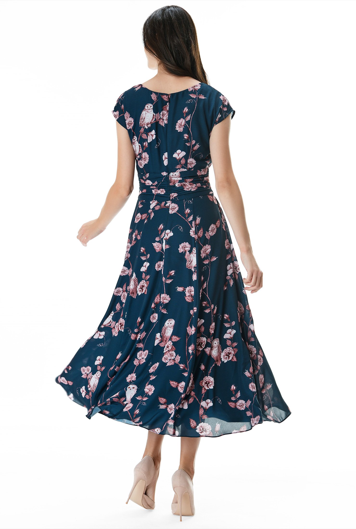 Shop Floral print crepe pleated empire dress | eShakti