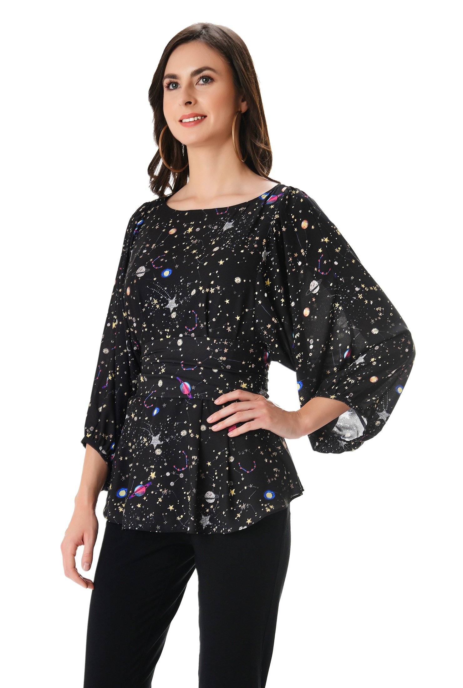 Shop Constellation print crepe sash tie peplum blouse | eShakti