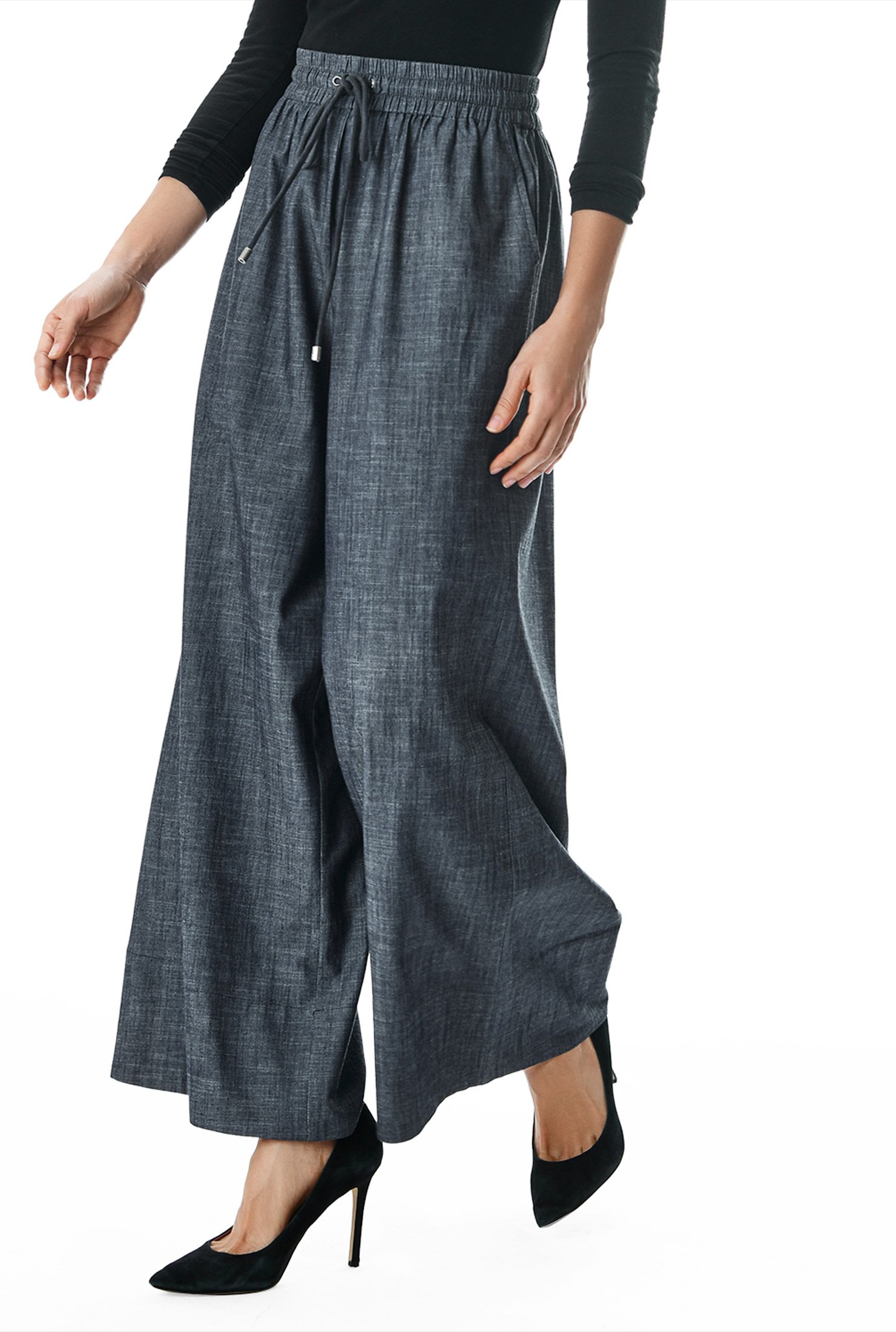 Shop Elastic waist cotton chambray palazzo pants | eShakti