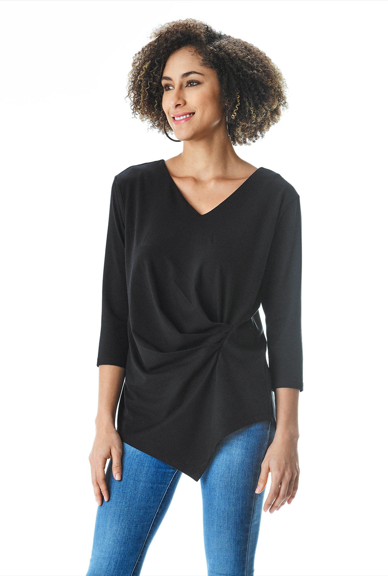 Asymmetric twist front cotton modal jersey top