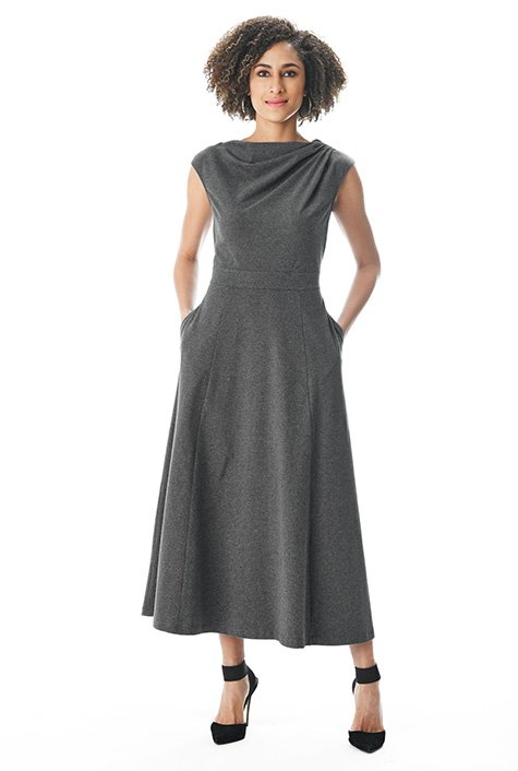 Drape neck cotton jersey fit-and-flare dress