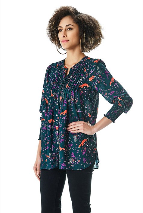Shop Pintuck pleat fox floral print crepe tunic | eShakti