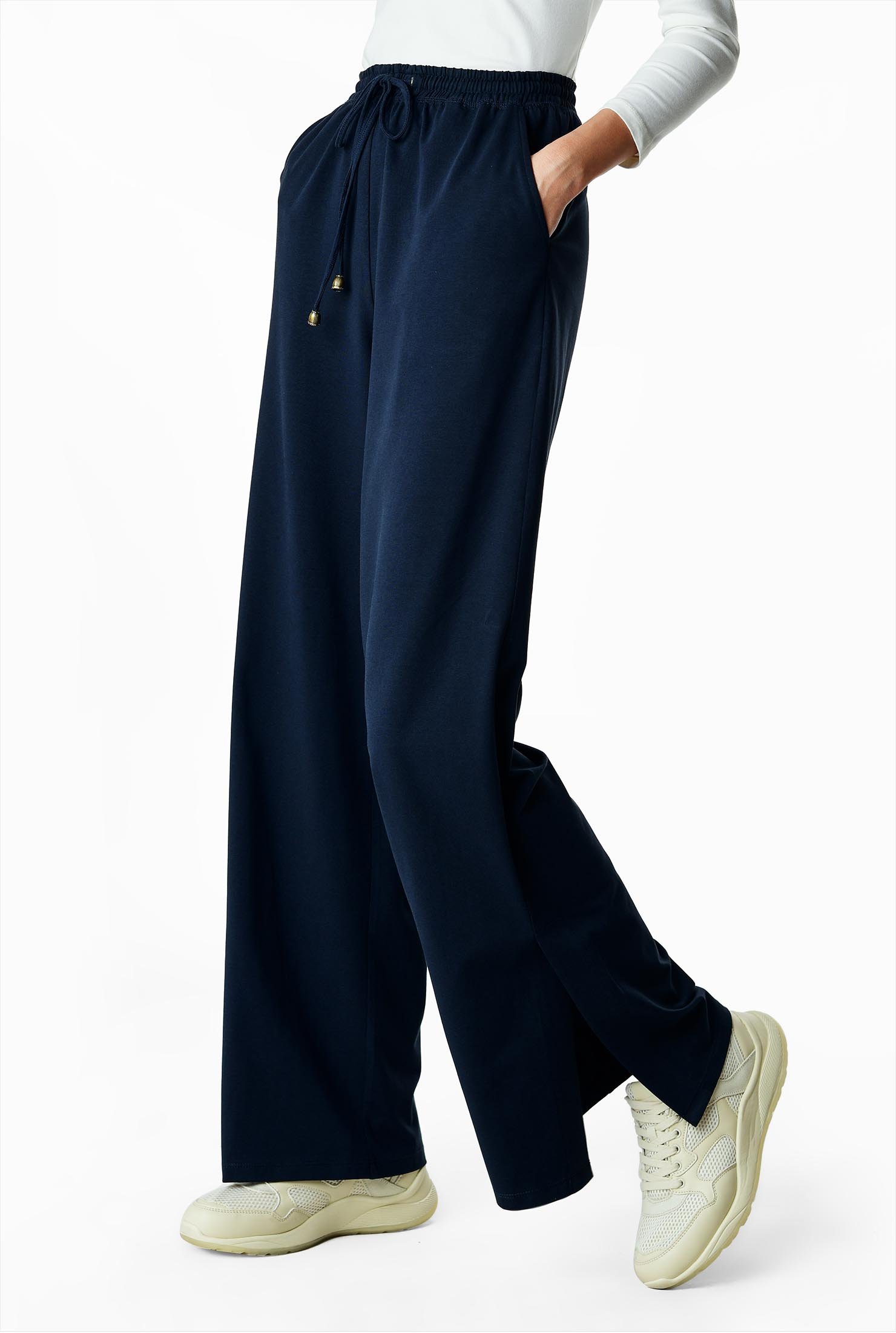 Shop Side vent cotton jersey wide-leg pants | eShakti