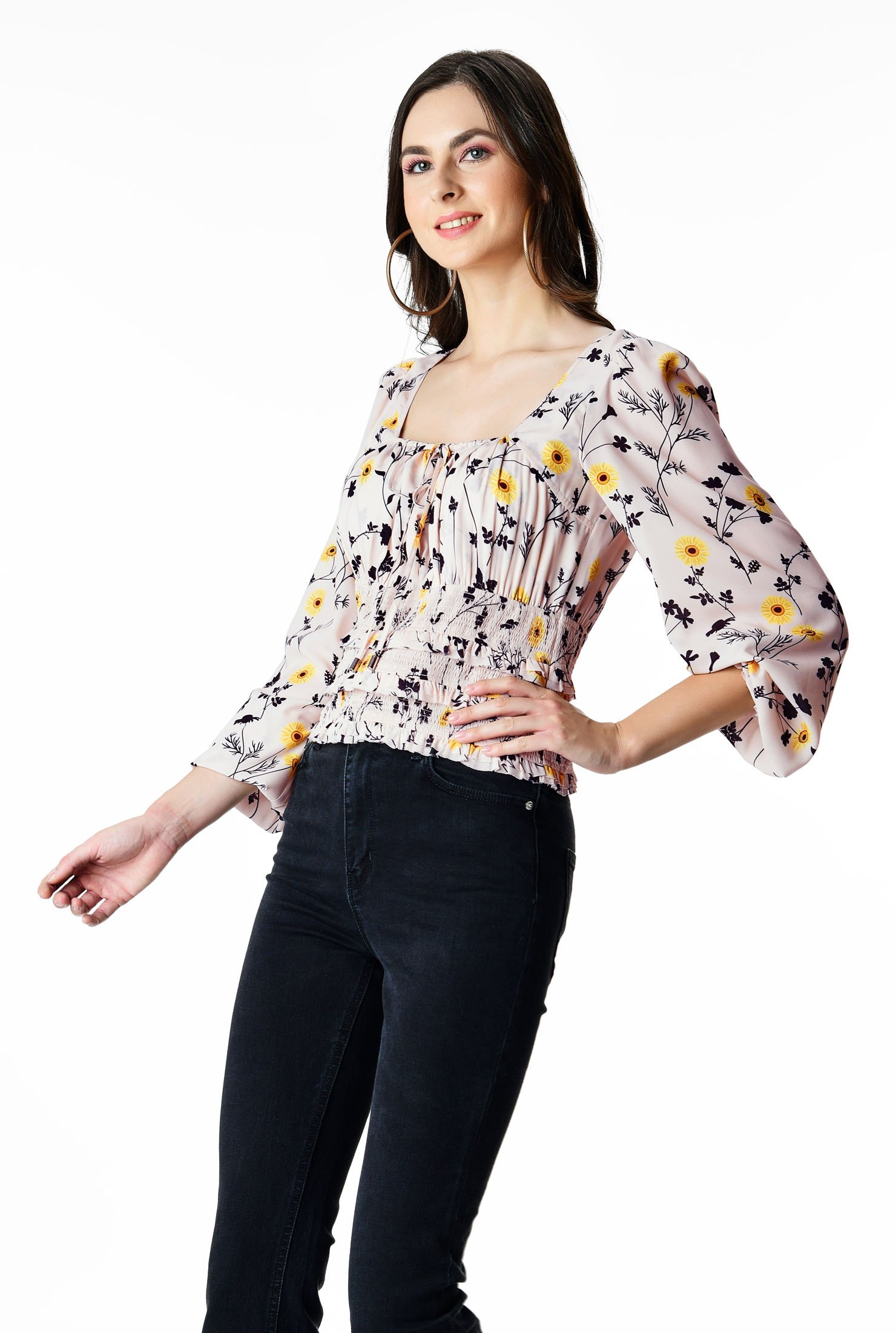 Shop Floral print crepe smocked ruffle top | eShakti