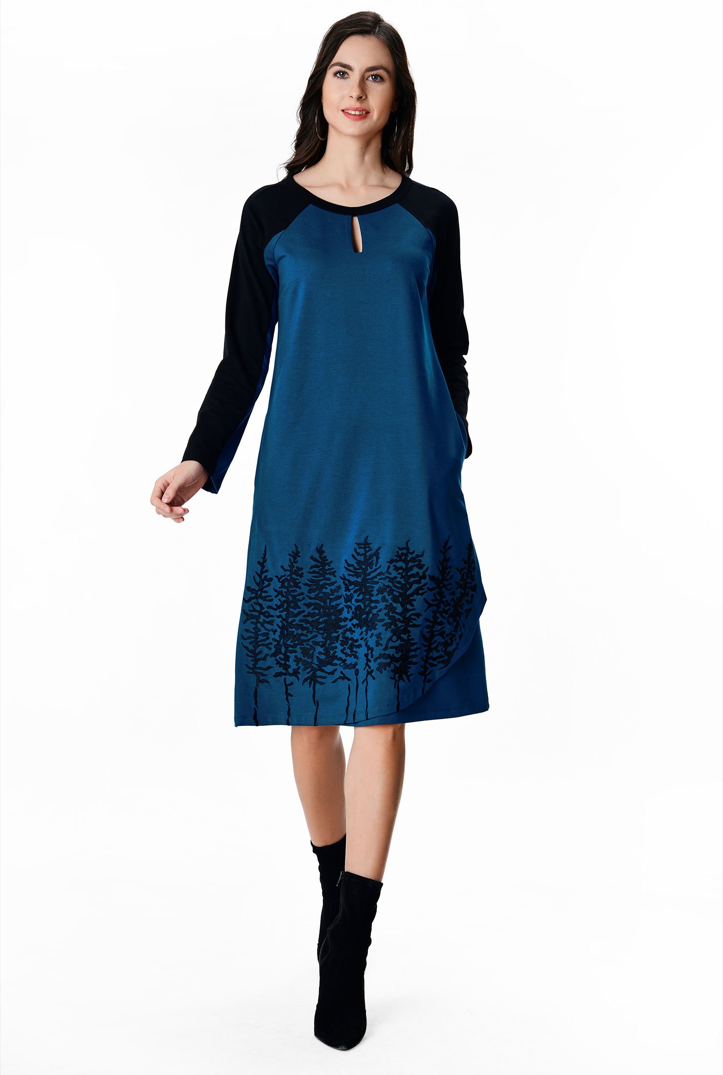 Shop Landscape embroidery colorblock cotton jersey dress | eShakti