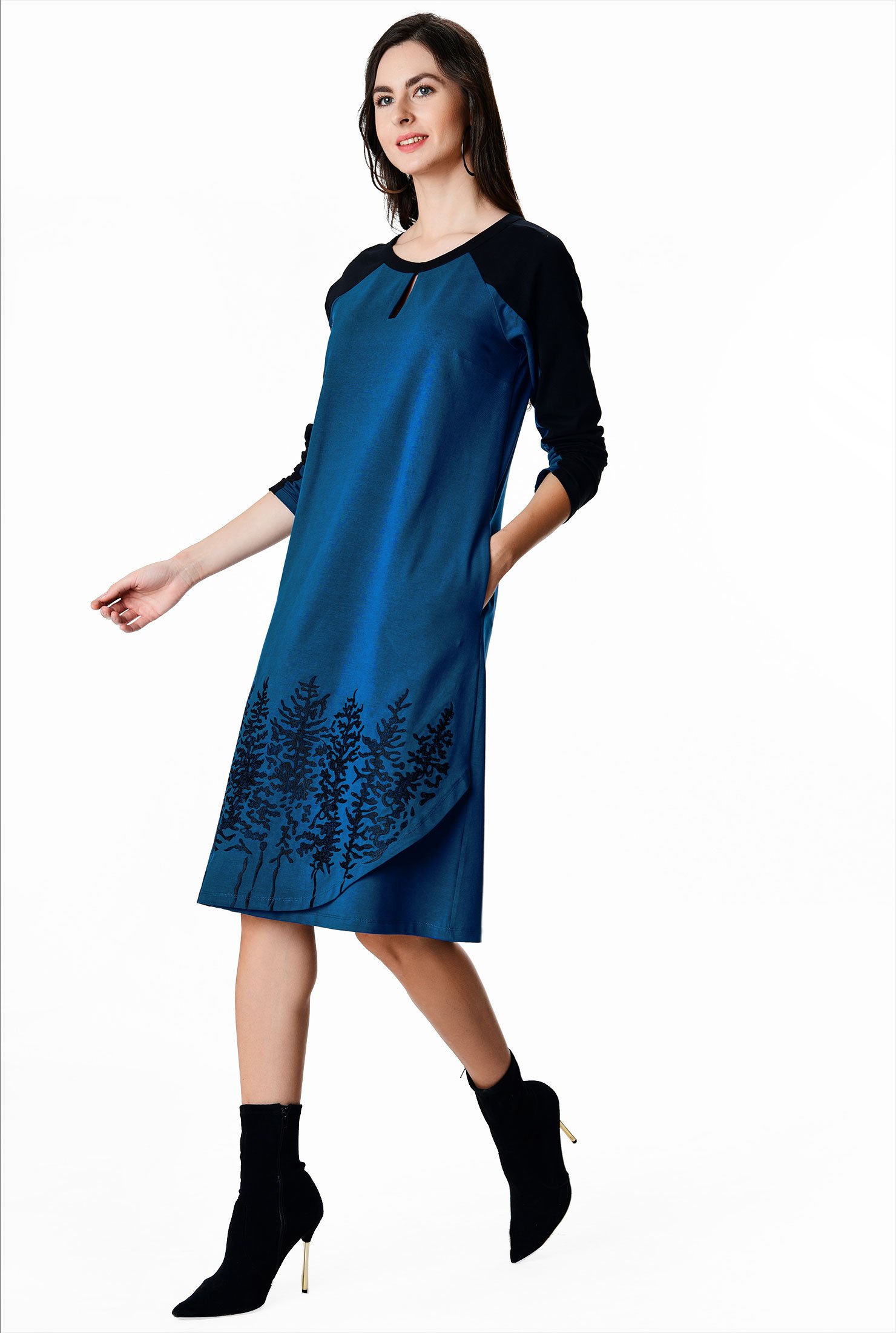 Shop Landscape embroidery colorblock cotton jersey dress | eShakti