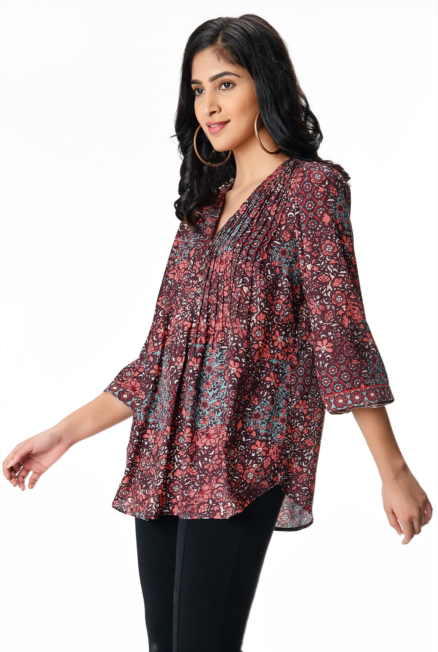 Shop Pintuck pleat floral print crepe tunic | eShakti