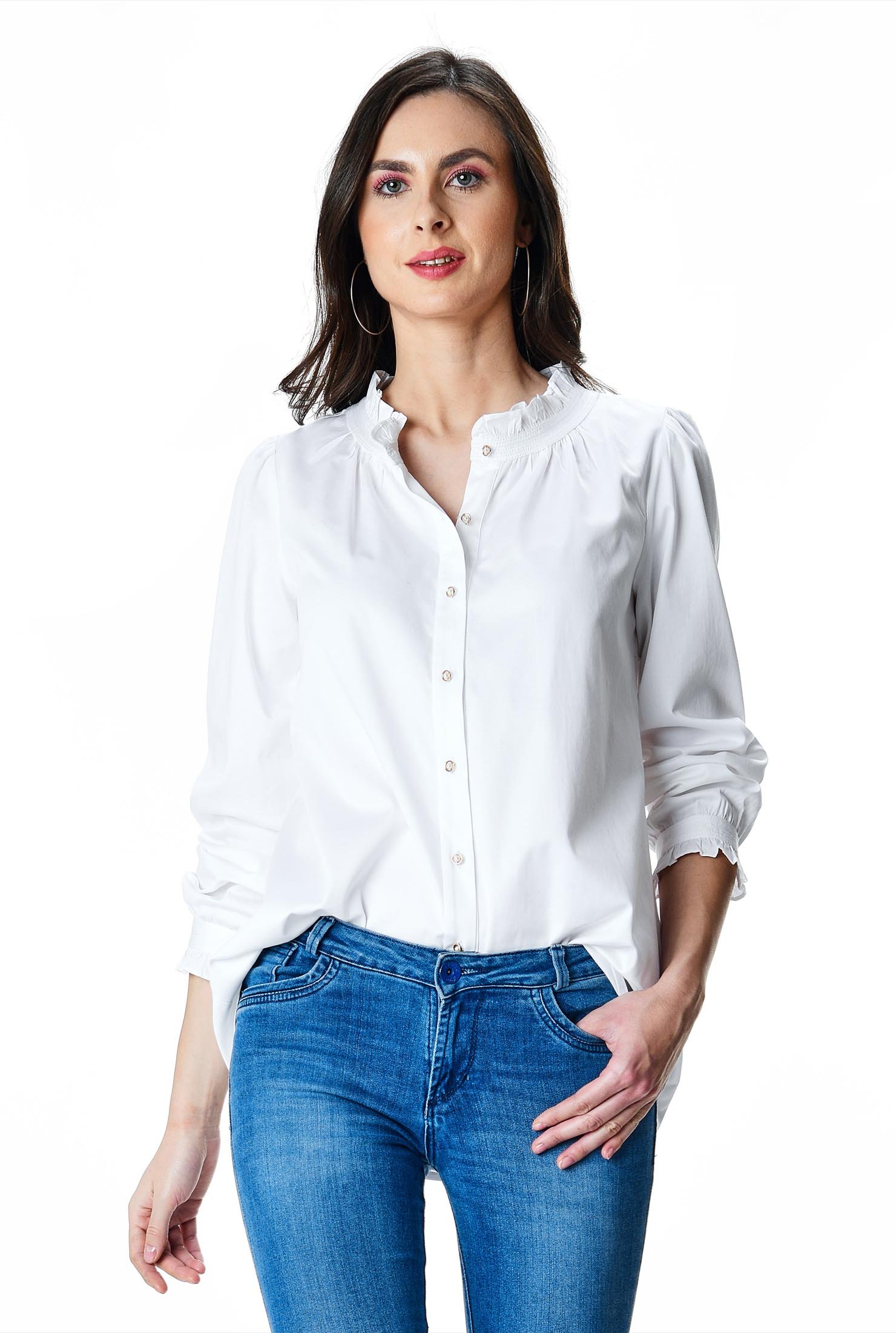 Shop Ruffle frill cotton satin shirt | eShakti