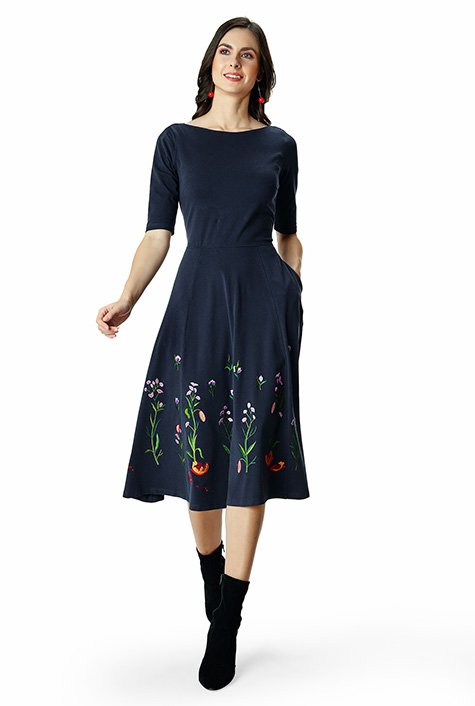 Shop Floral embroidery cotton jersey dress | eShakti