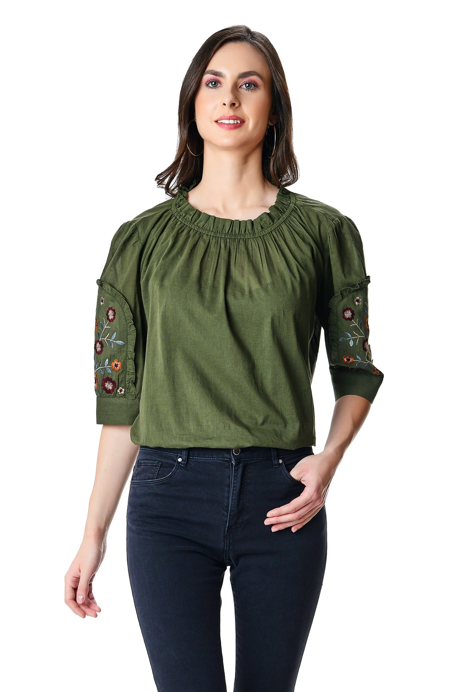 Shop Floral embroidered cotton voile ruffle blouse | eShakti
