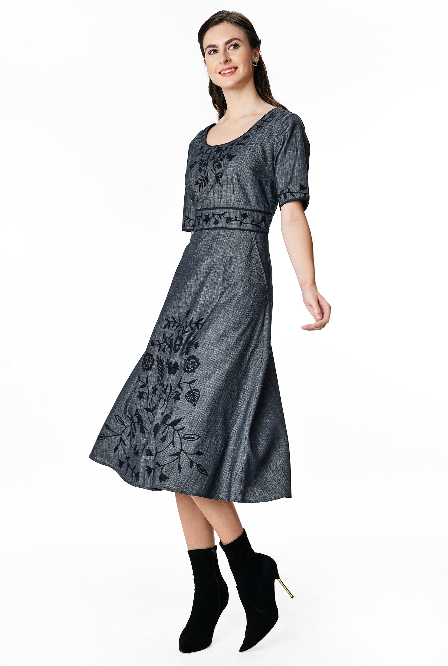 Shop Floral wool embroidery cotton chambray dress eShakti