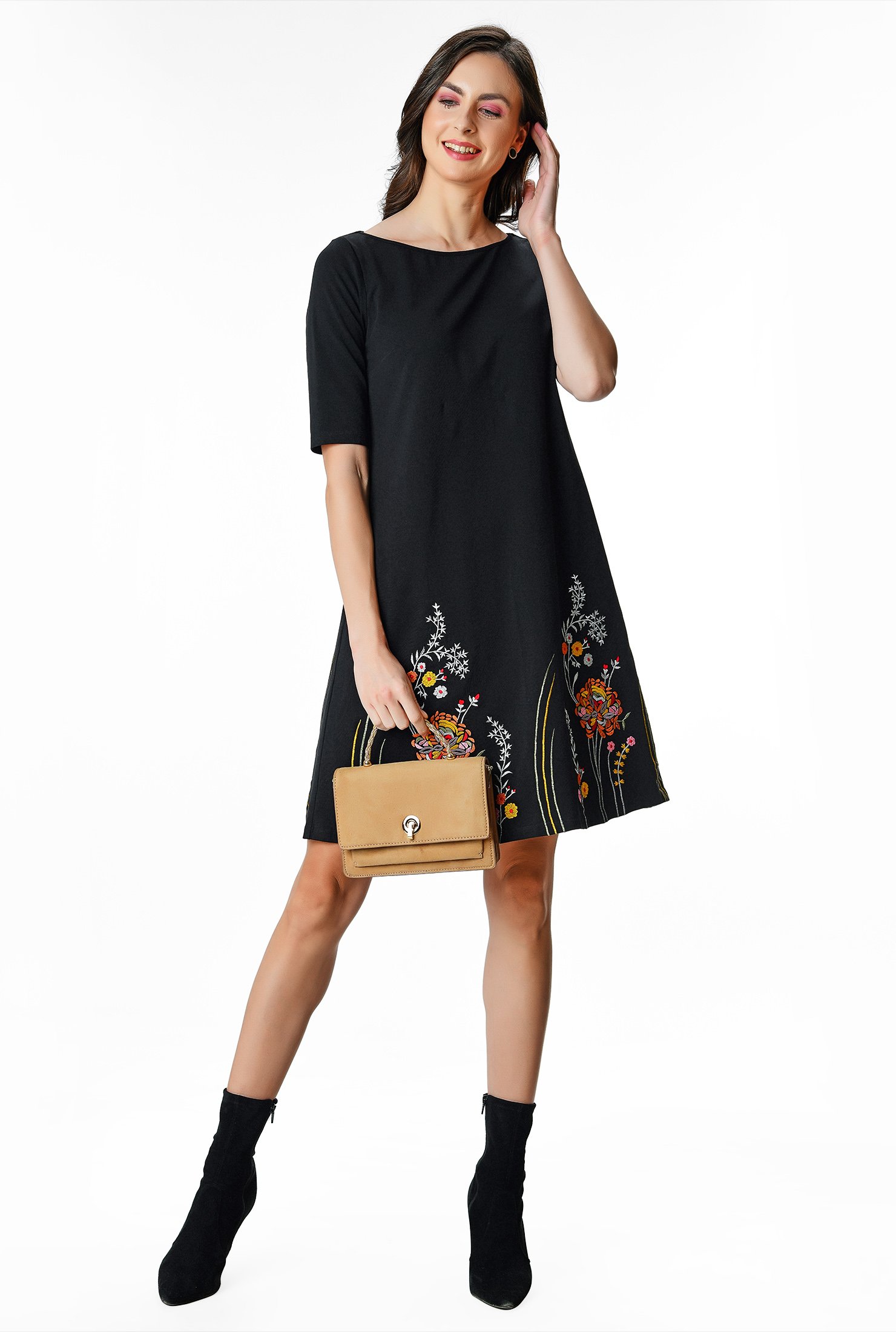 Floral embroidery cotton jersey shift dress