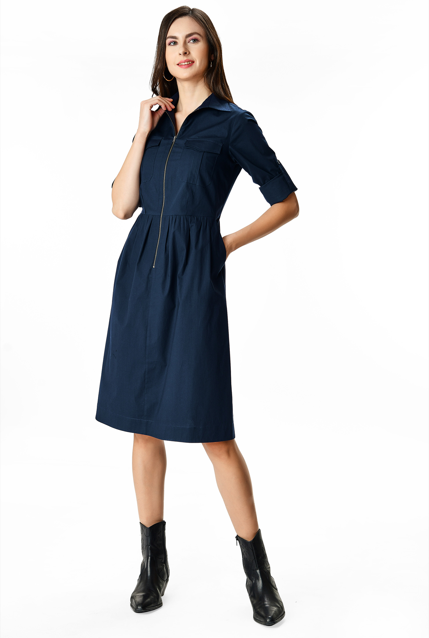 Shop Zip front cotton poplin dress eShakti