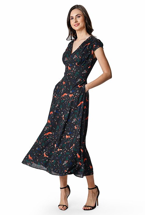 Shop Fox floral print crepe banded empire dress | eShakti