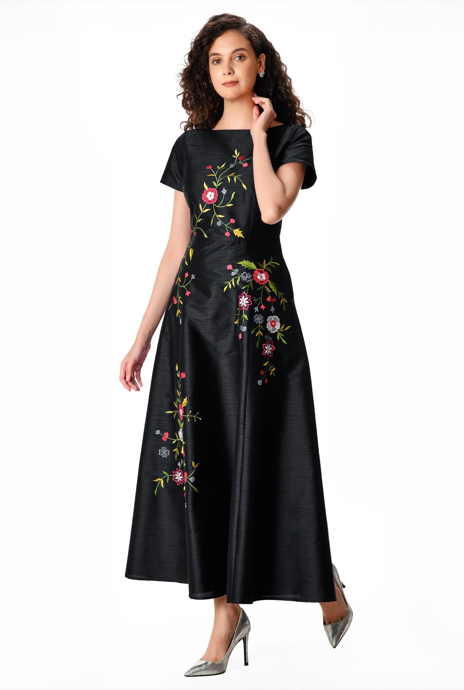 Shop Floral embroidery  dupioni maxi dress  eShakti
