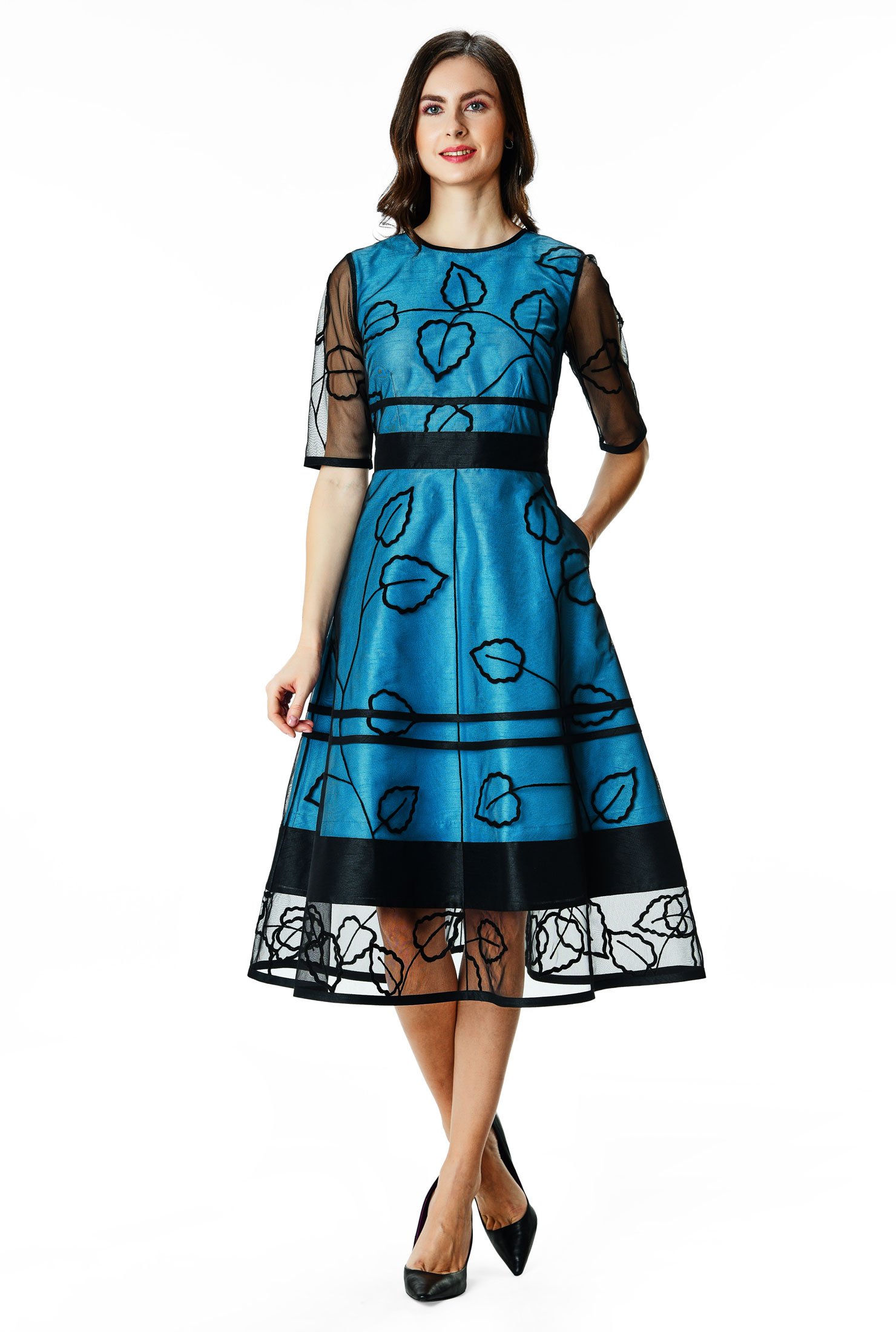 Shop Leaf wool embroidery tulle overlay dupioni dress | eShakti