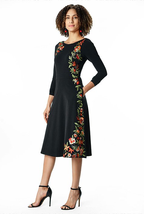 Shop Floral embroidery cotton jersey dress | eShakti