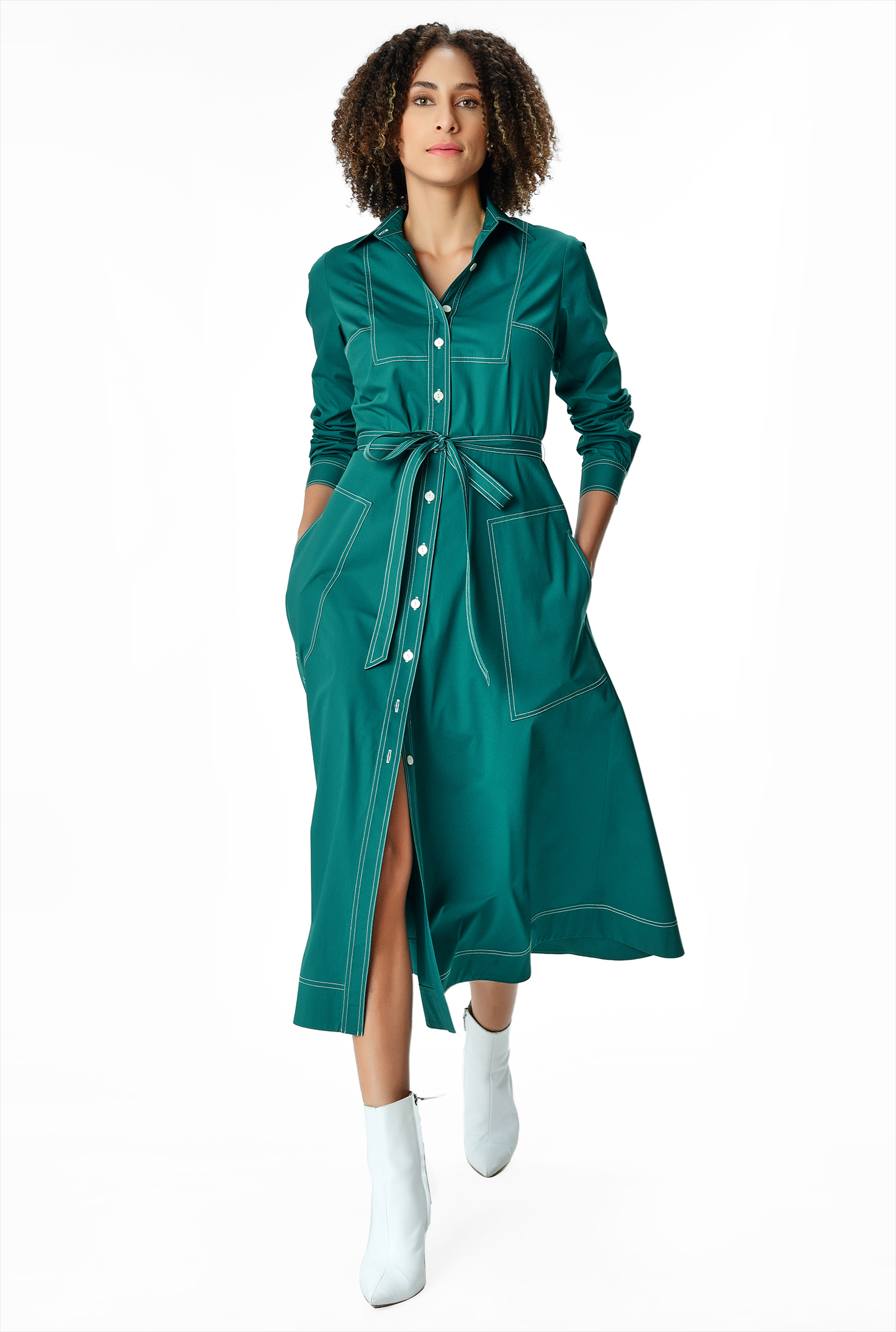 Shop Contrast topstitch cotton poplin shirtdress eShakti