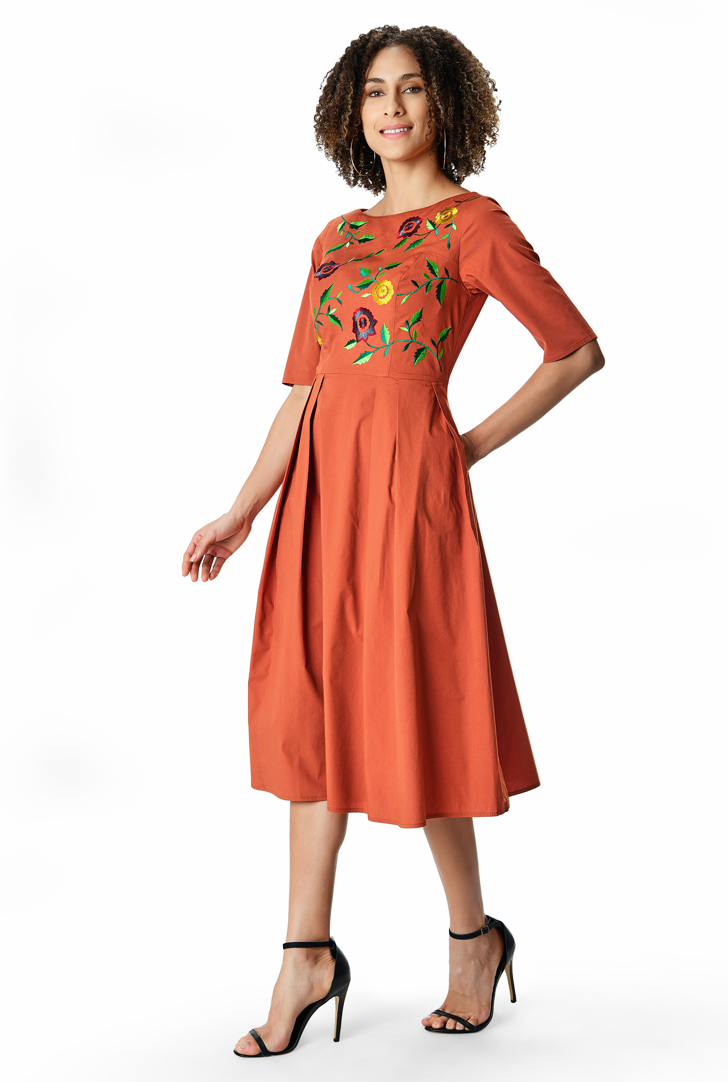 Shop Floral embroidery cotton poplin dress eShakti