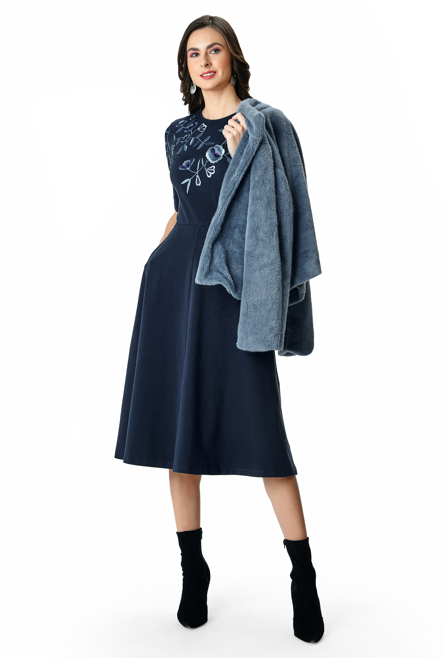 Shop Floral embroidery cotton jersey dress eShakti