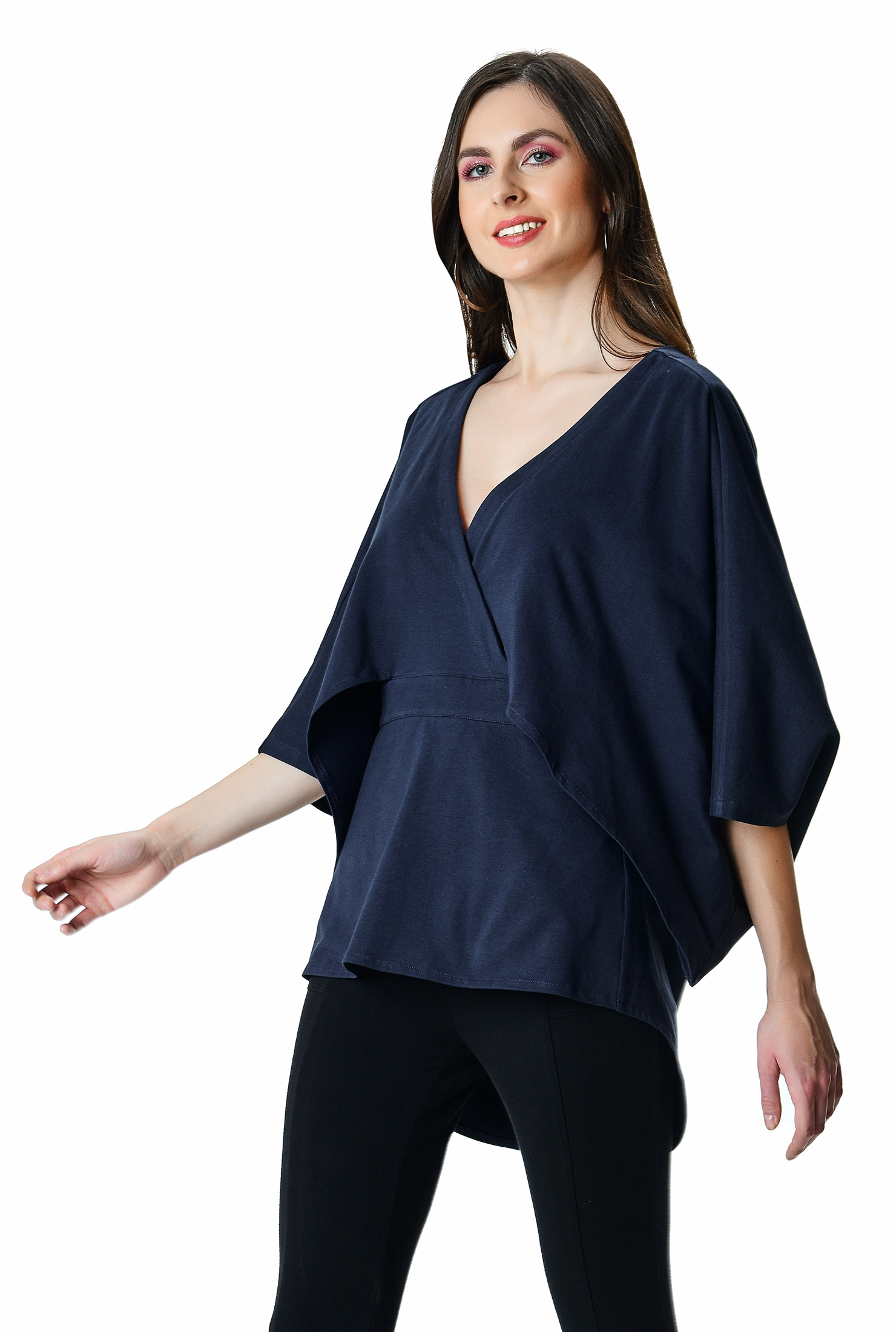 Shop Kimono sleeve cotton jersey surplice top eShakti
