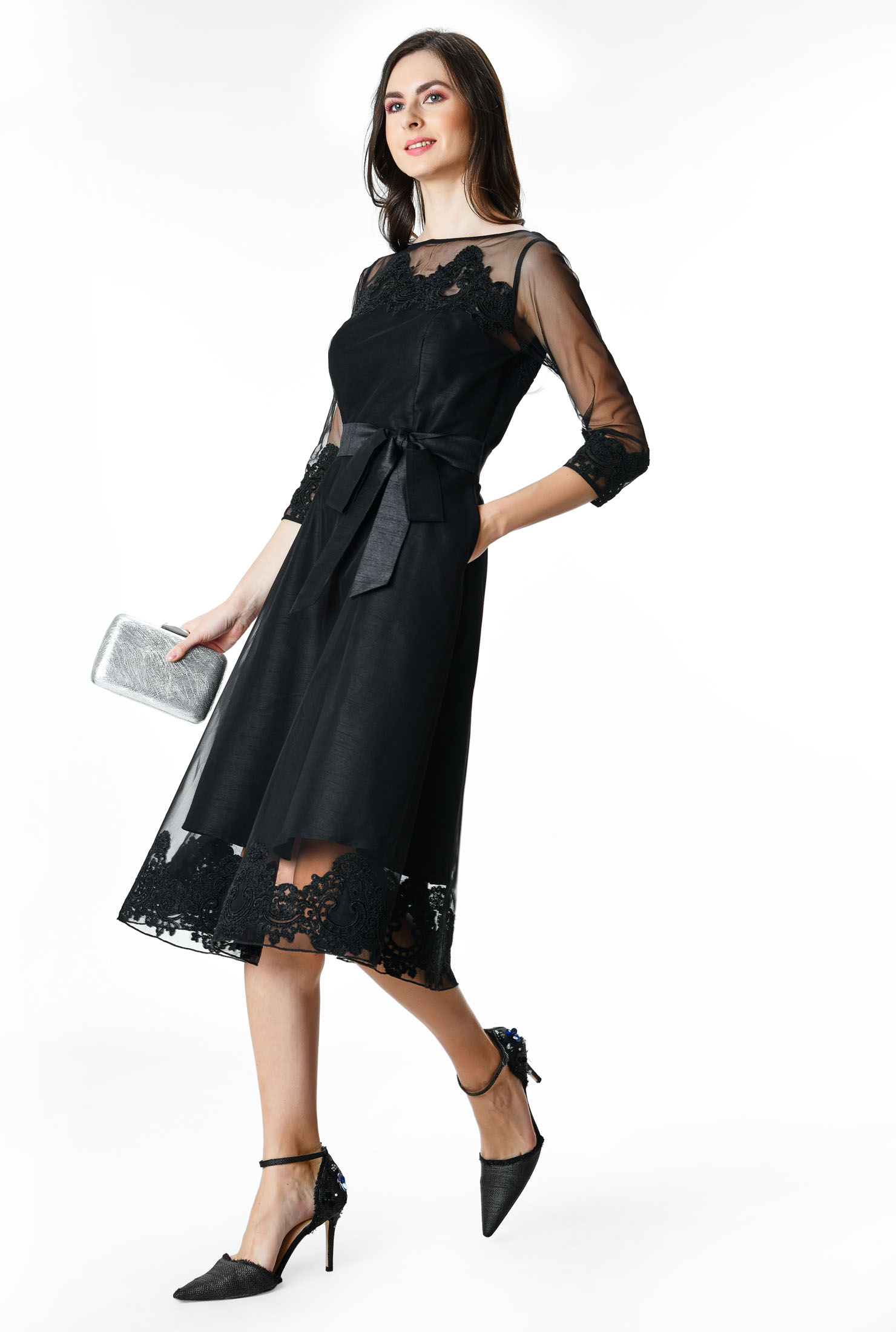 Shop Floral lace illusion tulle and dupioni dress | eShakti