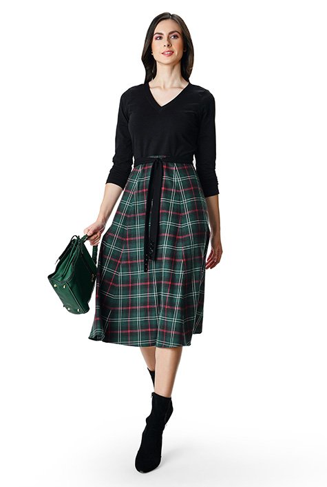 Shop Cotton jersey and twill plaid sash-tie dress | eShakti