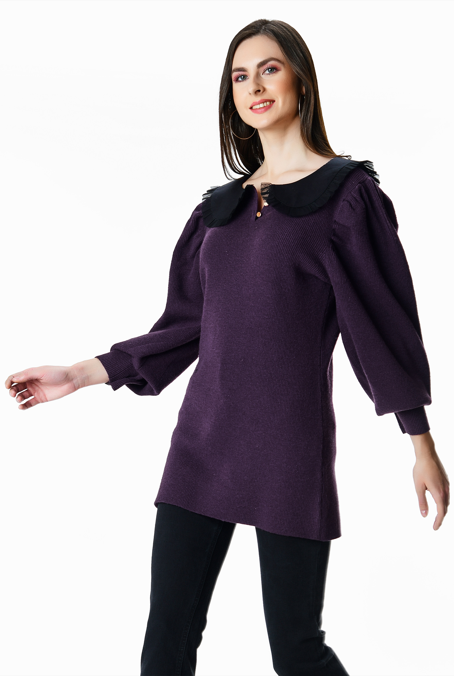 Shop Ruffle Bertha collar puffsleeve wool blend sweater eShakti