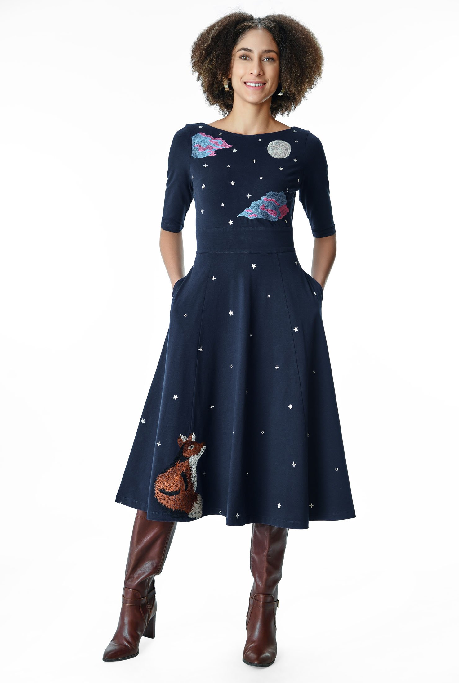 The fox and moon embellished cotton knit dress