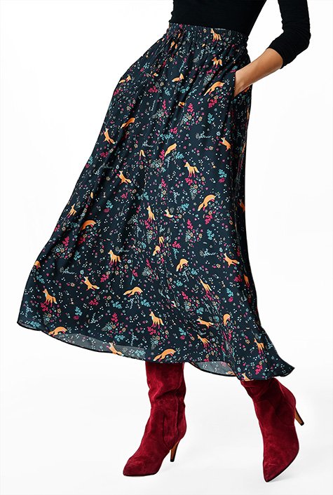 Shop Fox floral print crepe elastic waist full skirt | eShakti