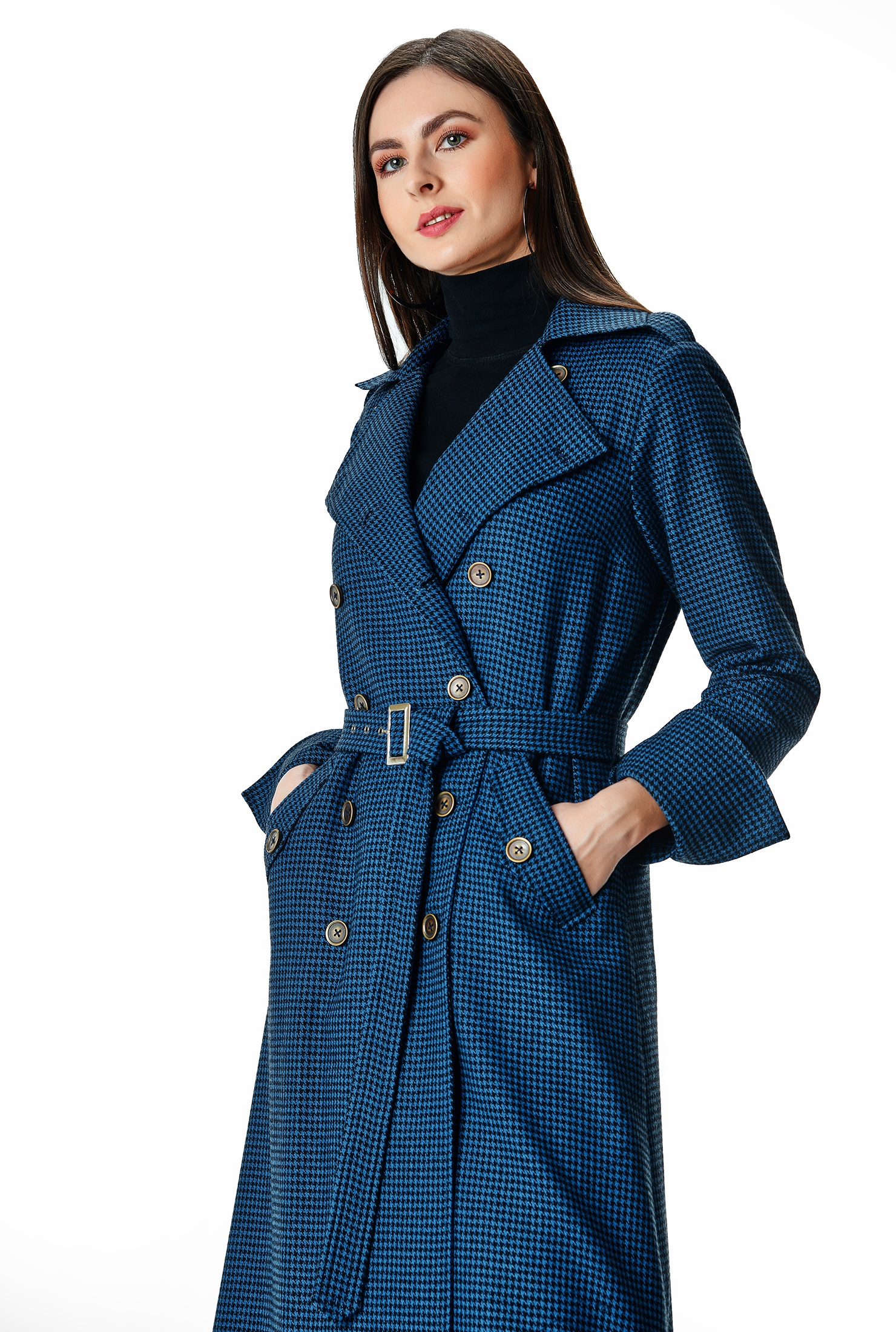 Shop Wool blend houndstooth check trench coat eShakti