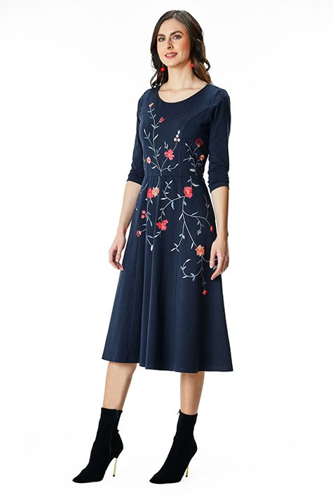 Shop Floral vine embroidery cotton jersey dress | eShakti
