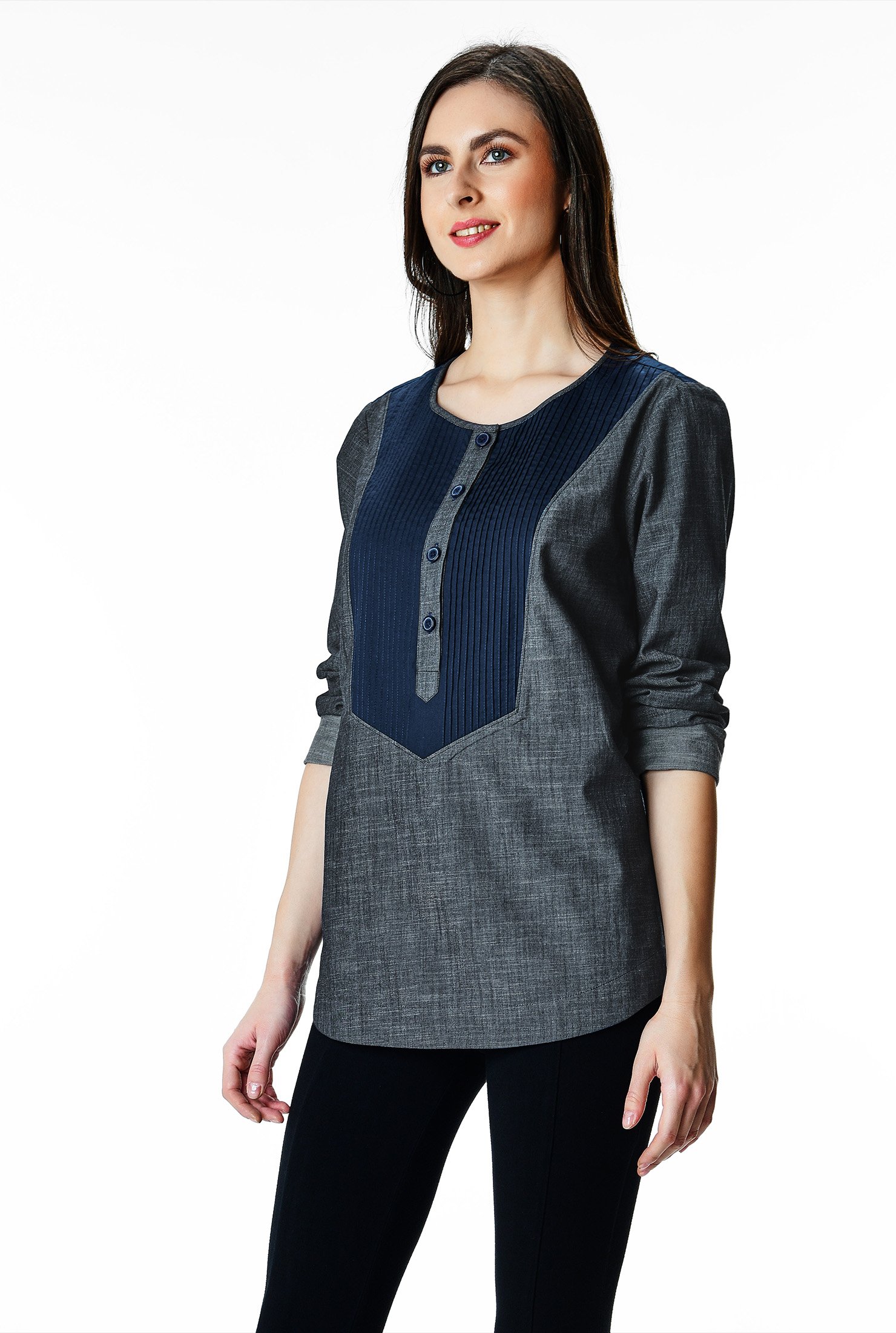 Shop Pintuck pleat bib-front cotton chambray shirt | eShakti