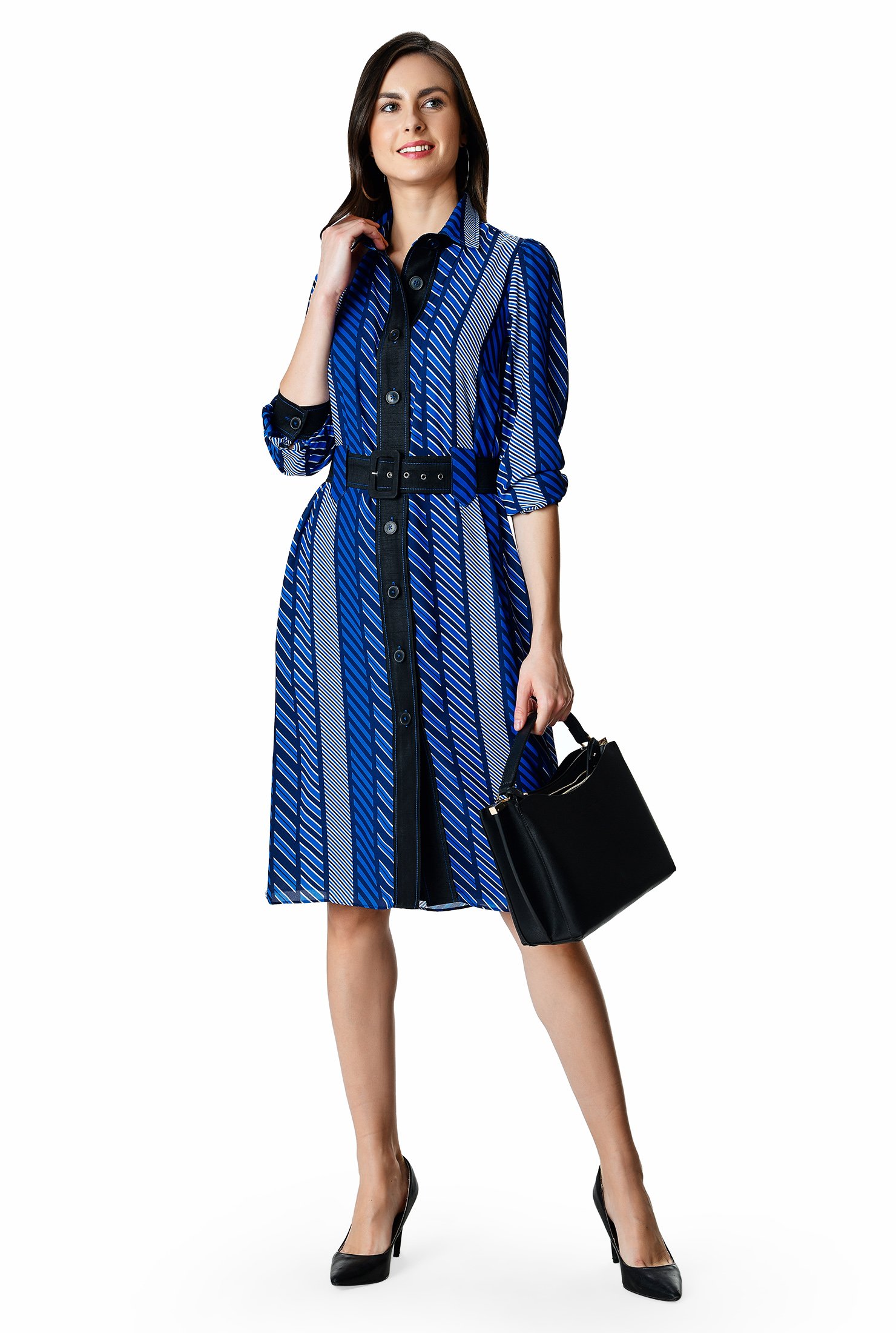 Shop Dupioni trim stripe print crepe belted shift dress | eShakti