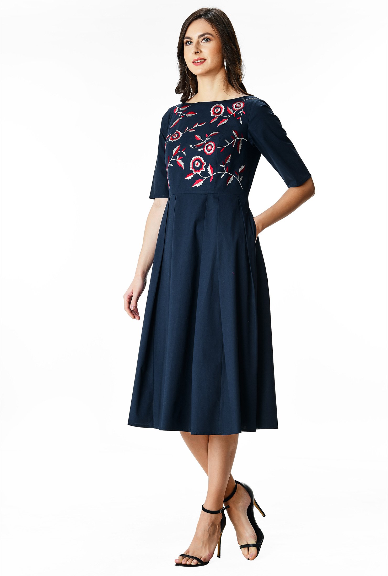 Shop Floral embroidery cotton poplin dress | eShakti