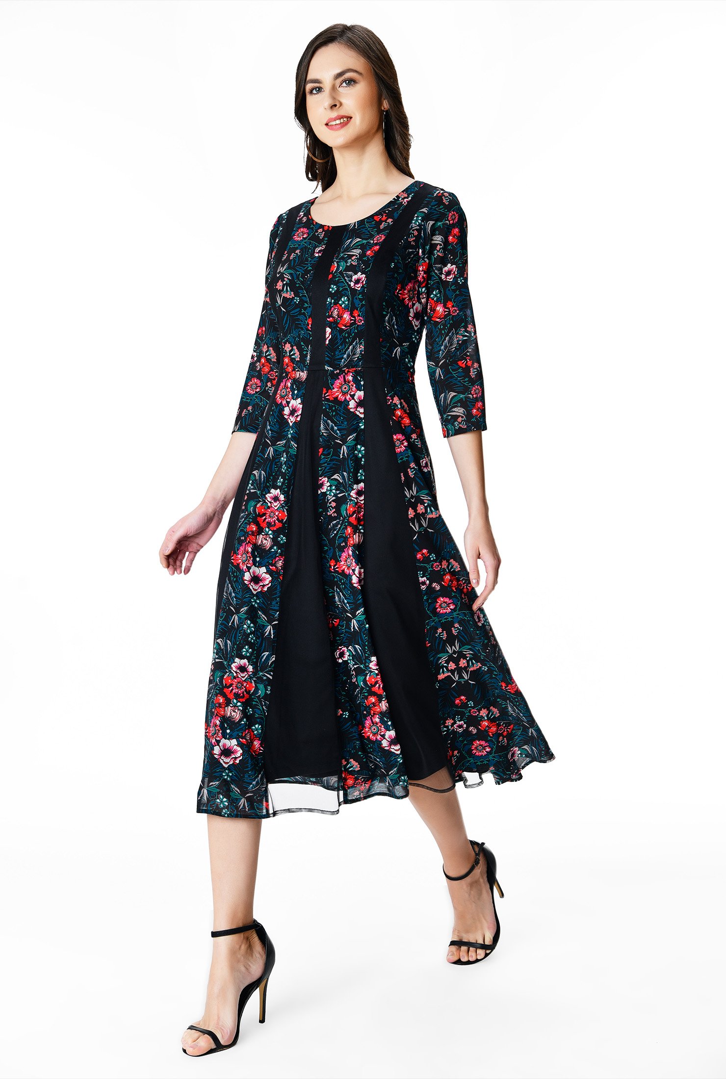 Shop Contrast inset floral print georgette A-line dress | eShakti
