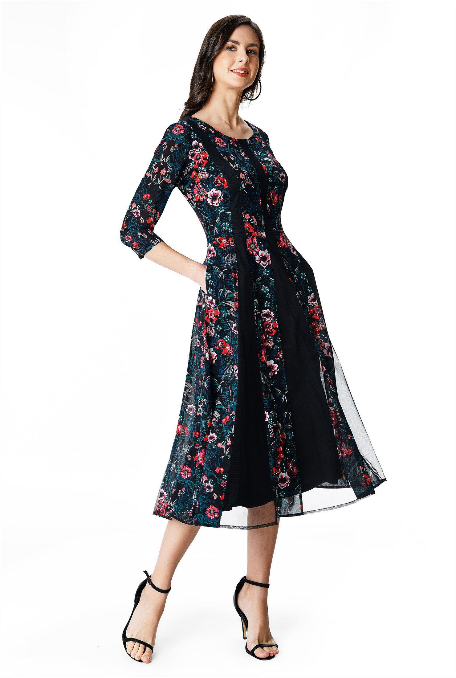Shop Contrast inset floral print georgette A-line dress | eShakti