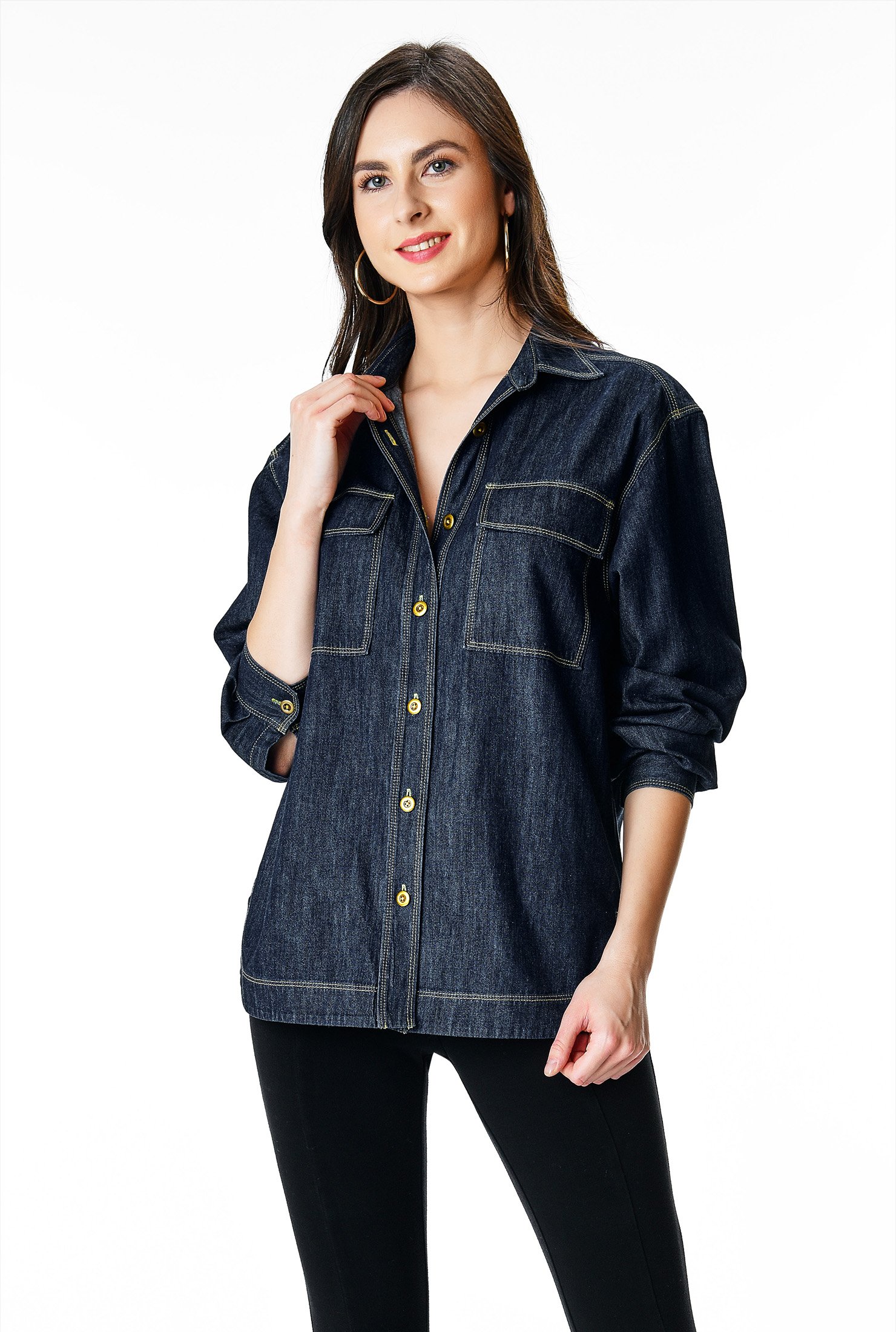 Shop Front flap pocket cotton denim shirt | eShakti