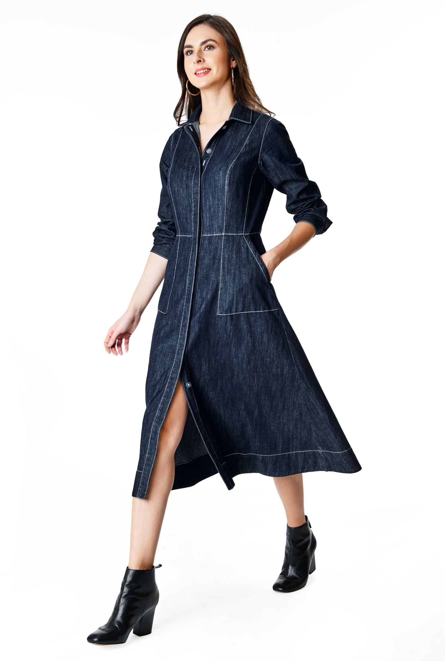 Shop Contrast Top Stitch Cotton Denim Shirtdress Eshakti