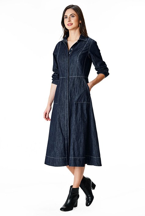 Shop Contrast top-stitch cotton denim shirtdress | eShakti