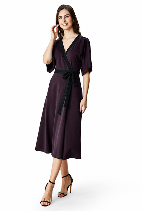 Shop Contrast trim cotton jersey wrap dress | eShakti