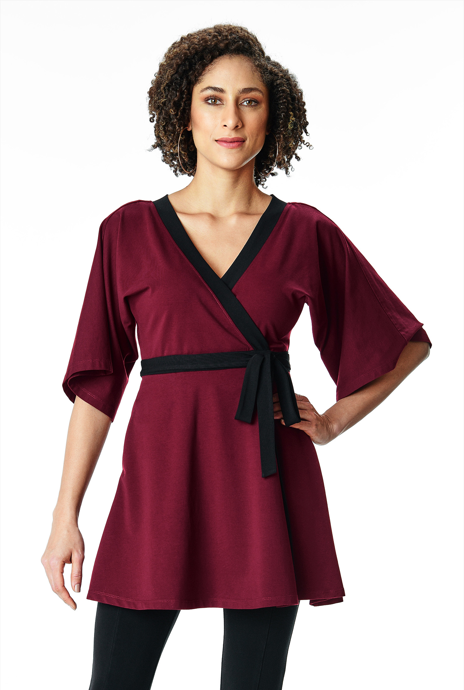 Shop Contrast trim cotton jersey wrap tunic eShakti