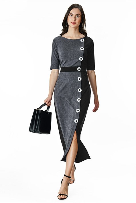 Floral button cotton jersey colorblock sheath dress