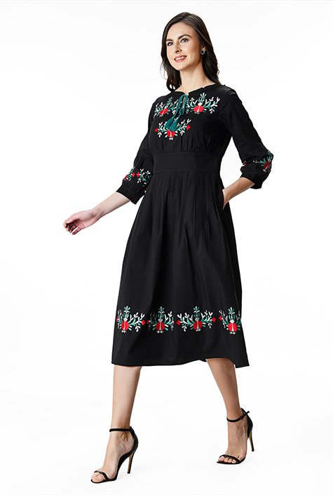Shop Floral embroidered cotton poplin dress | eShakti