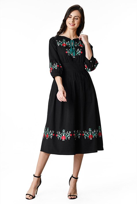 Shop Floral embroidered cotton poplin dress | eShakti