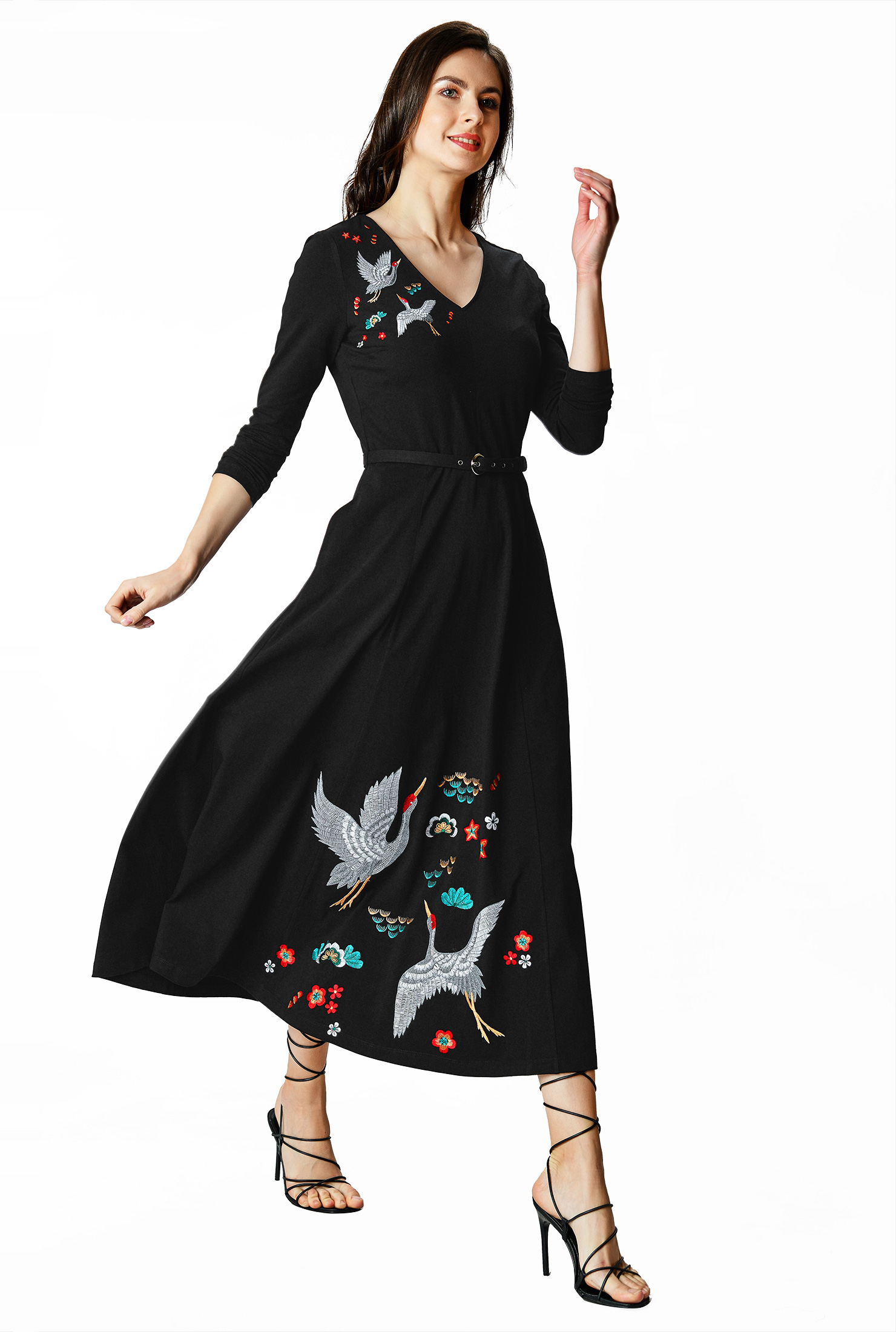 Shop Bird and floral embroidery cotton jersey belted dress