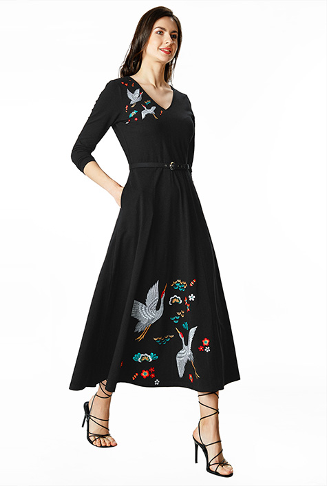 Shop Bird and floral embroidery cotton jersey belted dress